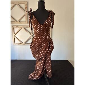 PRETTY LITTLE THINGS Sz 2 Chocolate Polka-Dot Spring Dress Side Slit Underwire
